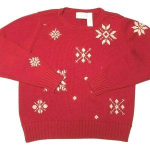 L Claiborne Christmas Sweater Red White Snowflakes